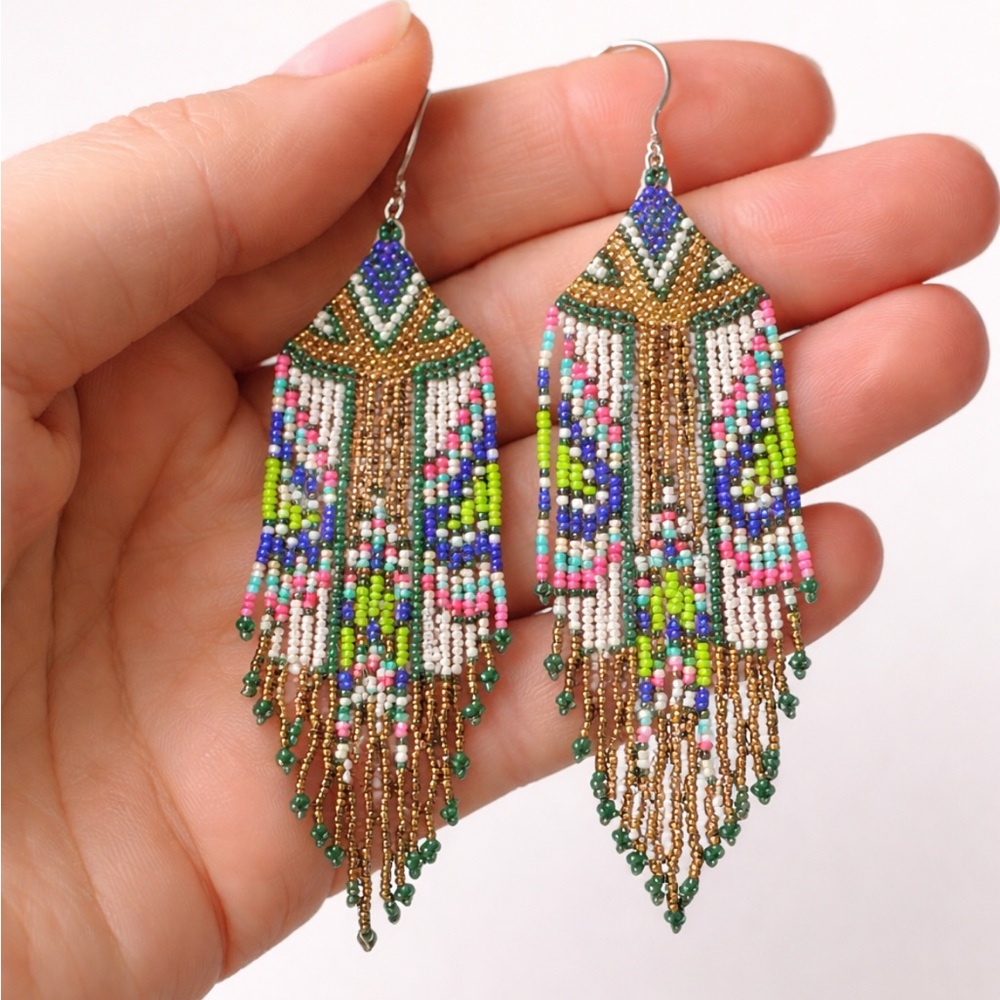 Boho Colorful Beaded Fringe Statement Earrings | Native Style Tassel